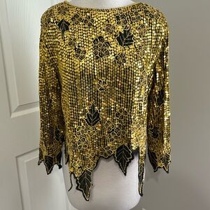 Gunit vintage black and gold sequin pullover top with scalloped edges, size M